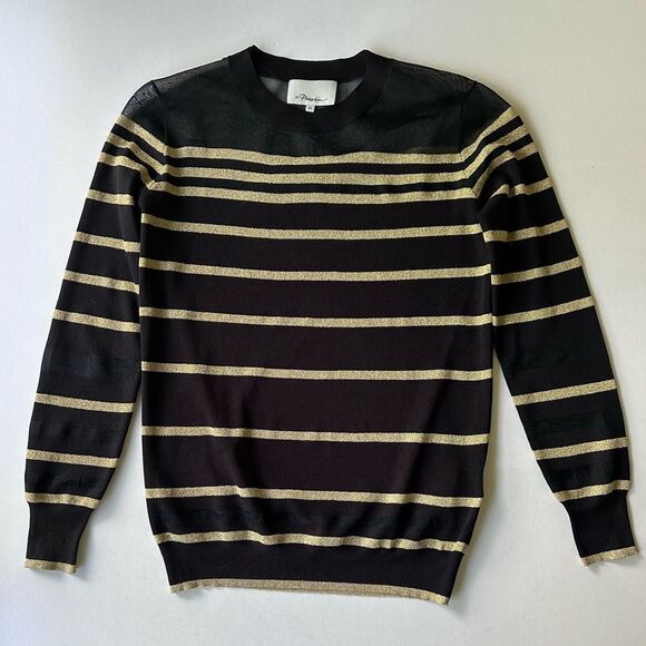3.1 Phillip Lim Black and Gold Metallic Striped Sweater w/ Sheer Panel XS - Picture 5 of 14